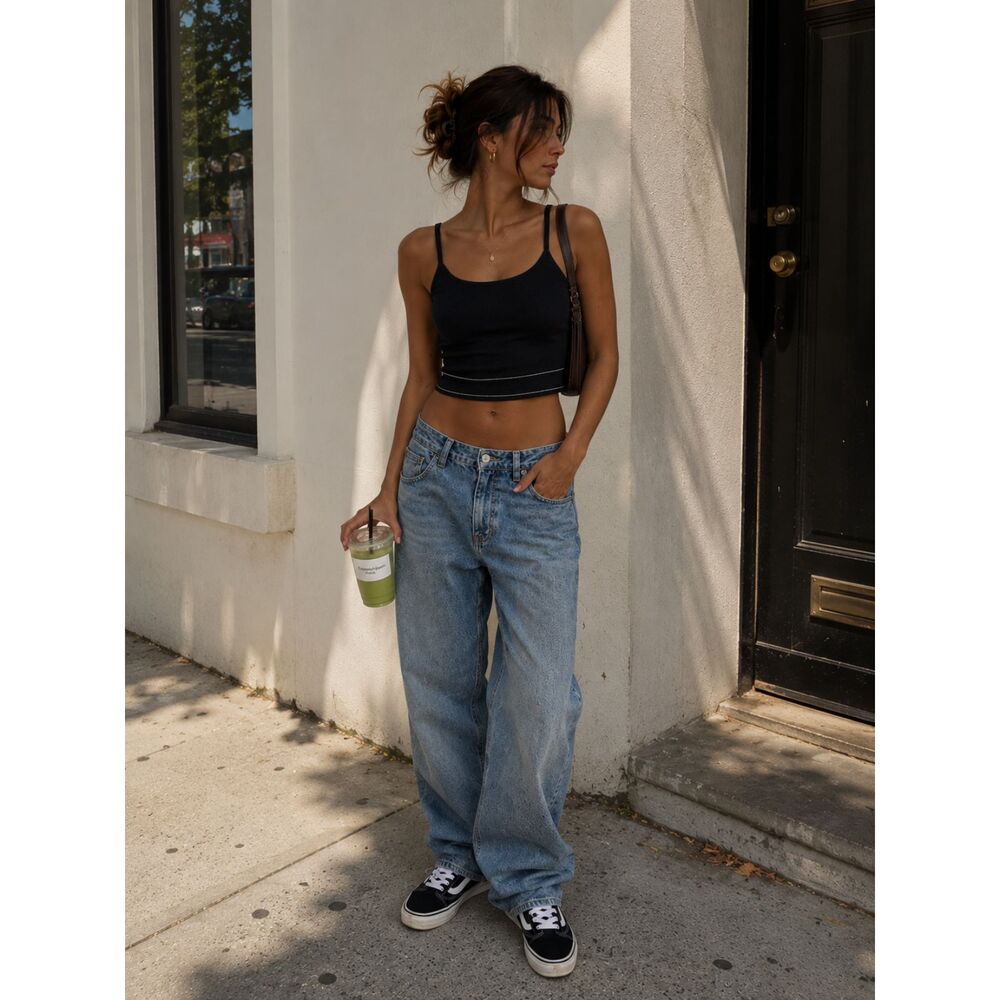 Aerie Black Ribbed Cropped Tank Top Lounge Basic
